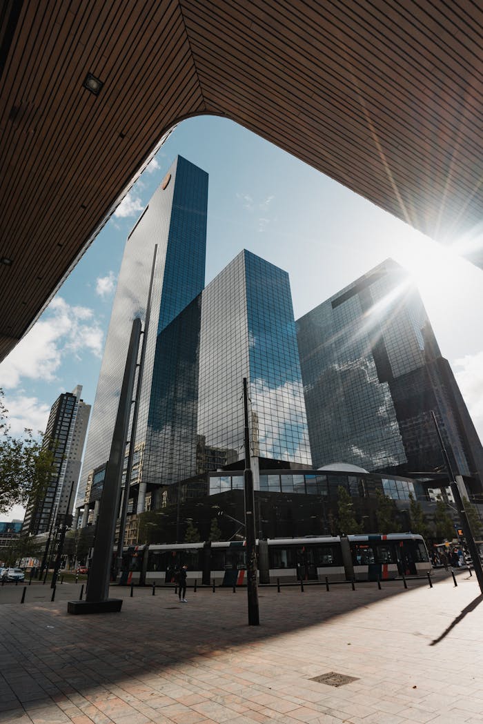 Rotterdam Centraal towers seen from under a canopy.